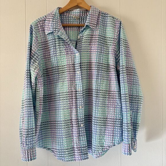 LL Bean Vacationland Seersucker Pastel Gingham Plaid Button Up Shirt Size Large - Picture 2 of 13